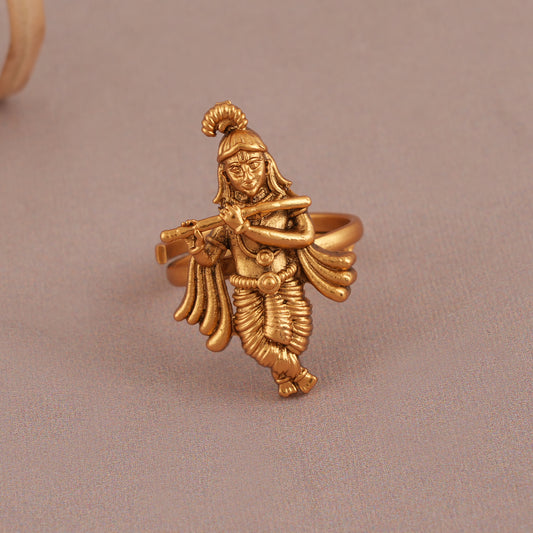 Cute antique gold plain Krishna adjustable finger ring