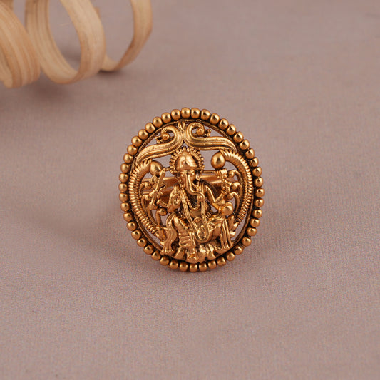 Cute antique gold Lord Ganesh adjustable finger ring | Temple Jewellery