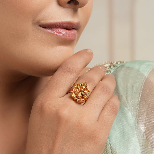 Amazing antique gold antqiue gold ganesh adjsutable finger ring I Temple Jewellery