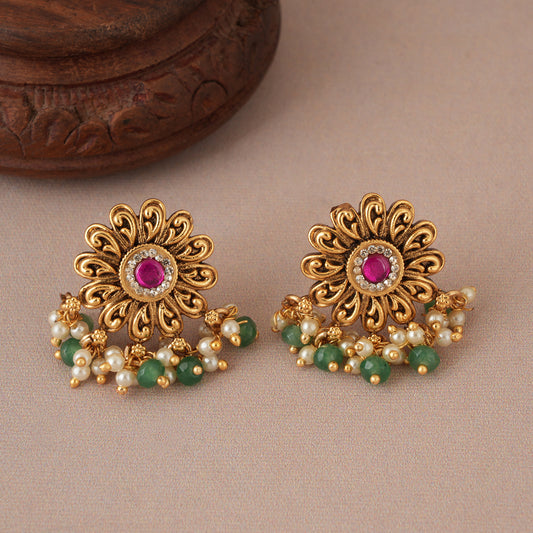 Amazing antique gold floral kundan stone drop earring
