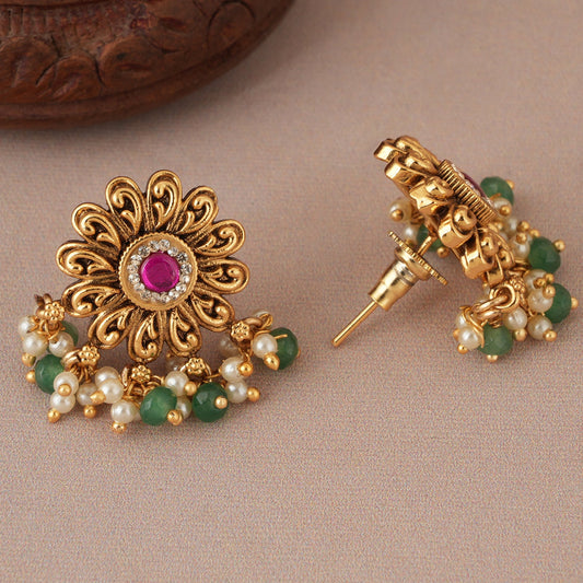 Amazing antique gold floral kundan stone drop earring