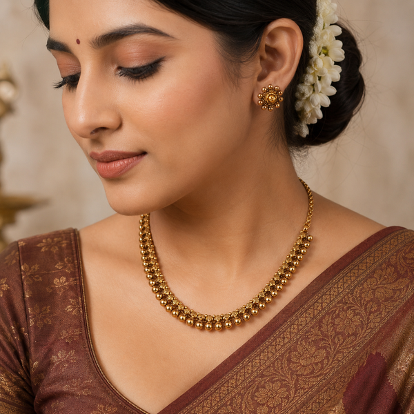 Delicate antique gold plated plain balls necklace set for women