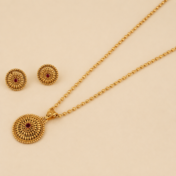 Cute gold finish floral ruby stone pendant set