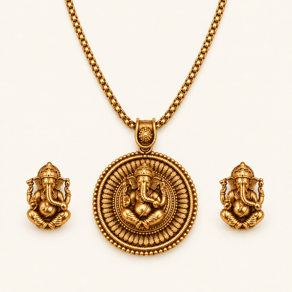 Beautiful gold plated ganesh pendant set with earring | Temple Jewellery