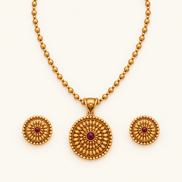 Cute gold finish floral ruby stone pendant set