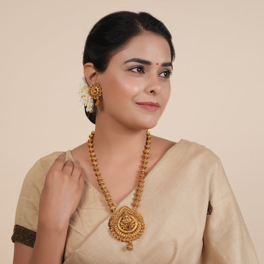 Long gorgeous antique gold plain Maa Lakshmi necklace set | Temple Jewellery