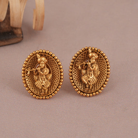 Cute antique gold Lord Krishna stud earring | Temple Jewellery