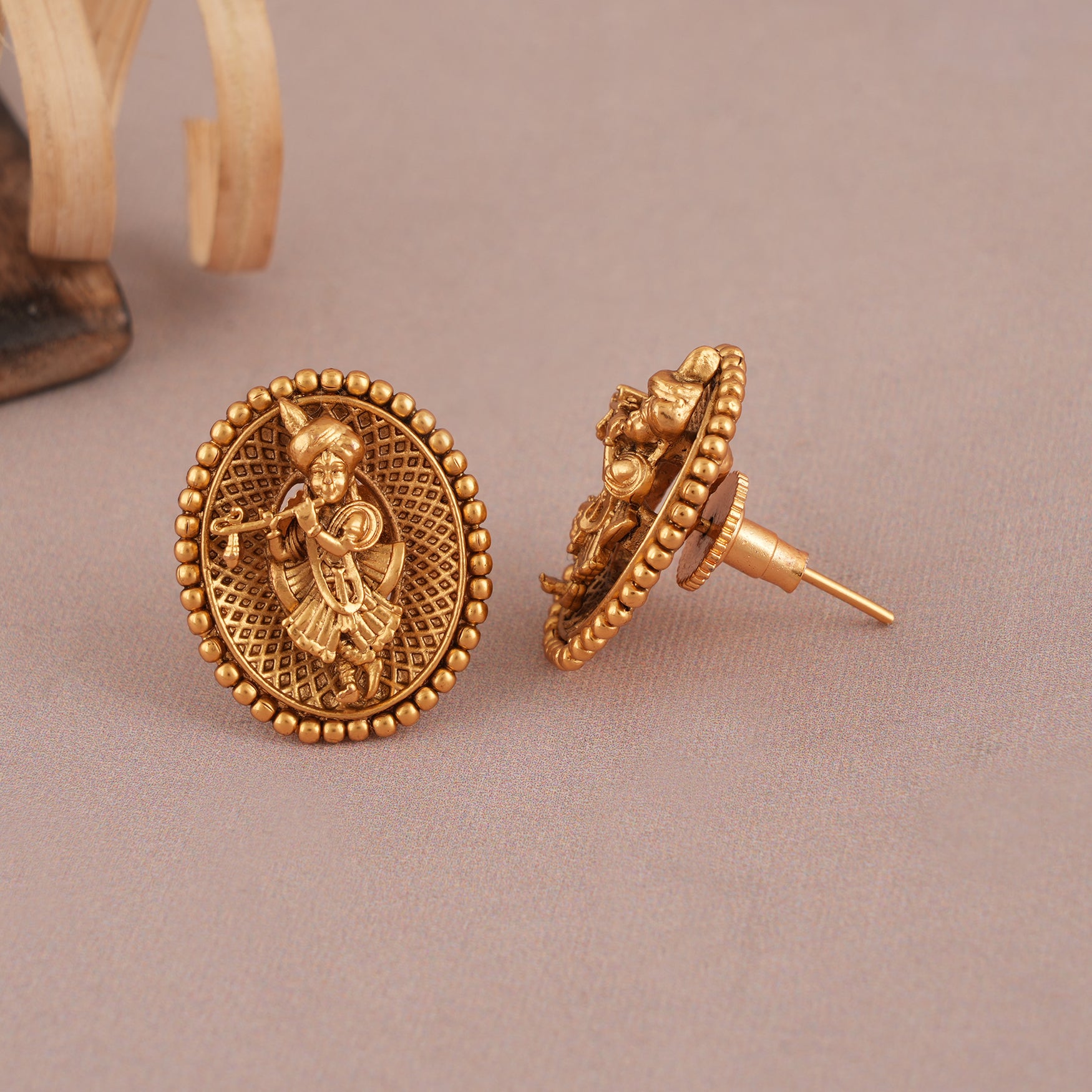 Cute antique gold Lord Krishna stud earring Temple Jewellery