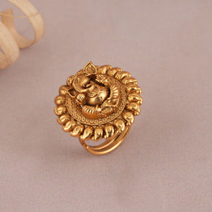 Cute Lord Ganesh plain antique gold adjustable finger ring | Temple Jewellery