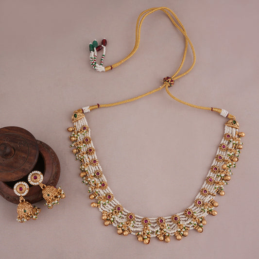 Cute pearl stone gold plated necklace set for women