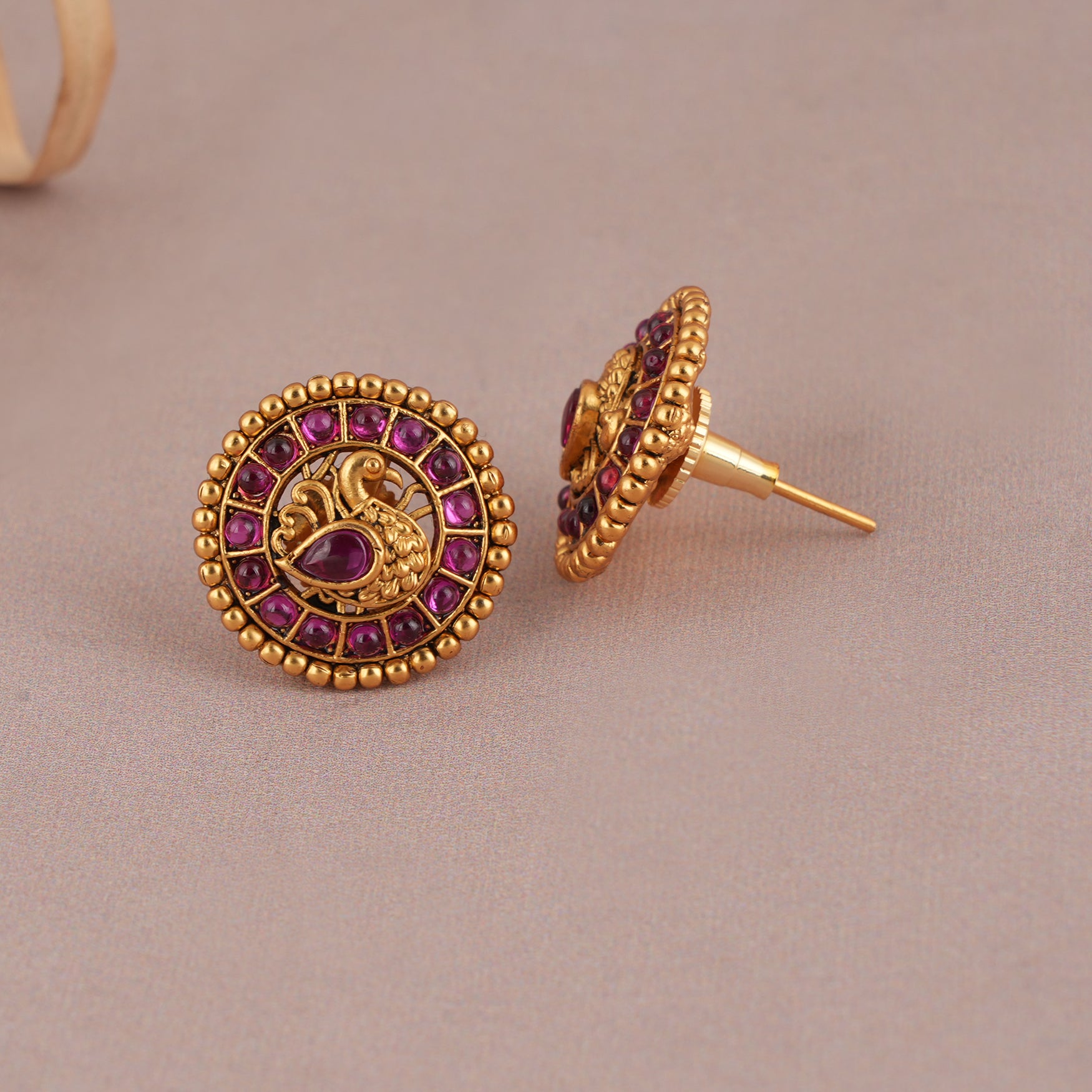 Cute ruby stone peacock gold plated stud earring