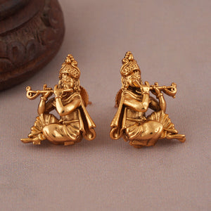 Plain antique gold Lord Krishna necklace set with stud earring | Temple Jewellery