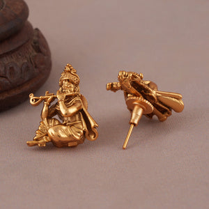 Plain antique gold Lord Krishna necklace set with stud earring | Temple Jewellery