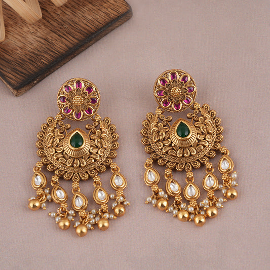 Long antique gold kundan ruby earring