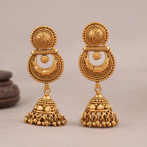Long antique gold plain jhumka earring