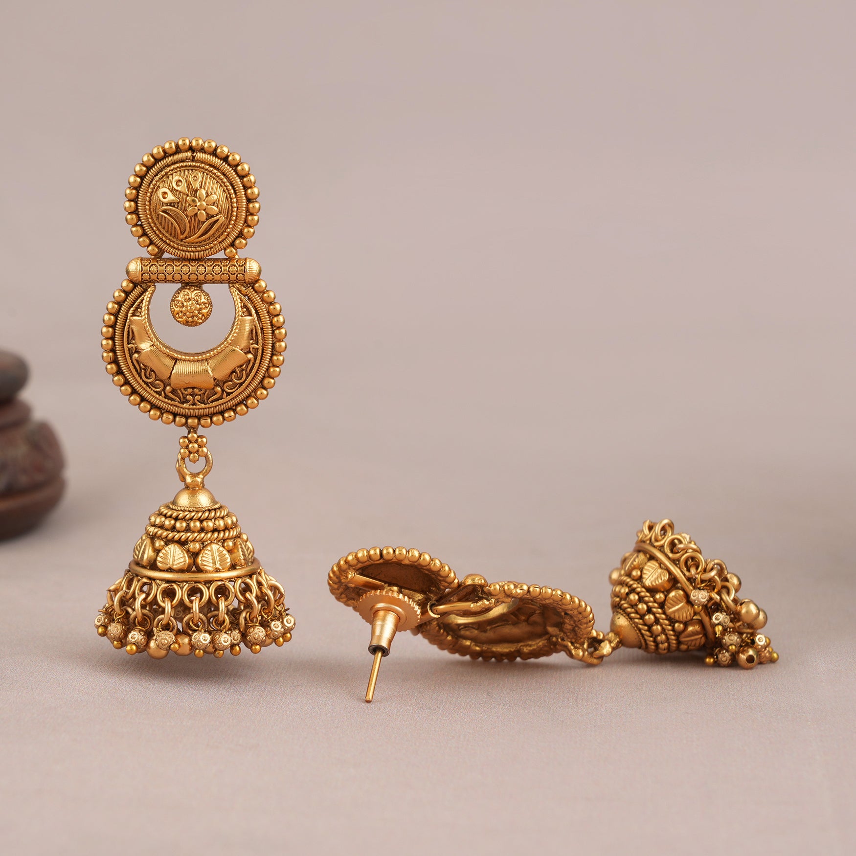 Long antique gold plain jhumka earring