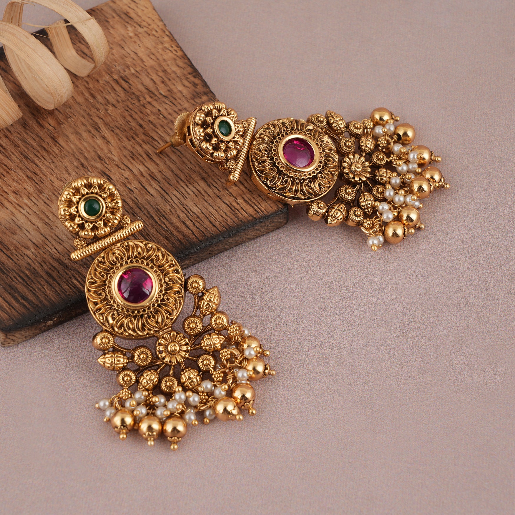 Beautiful antique gold ruby stone dangler earring