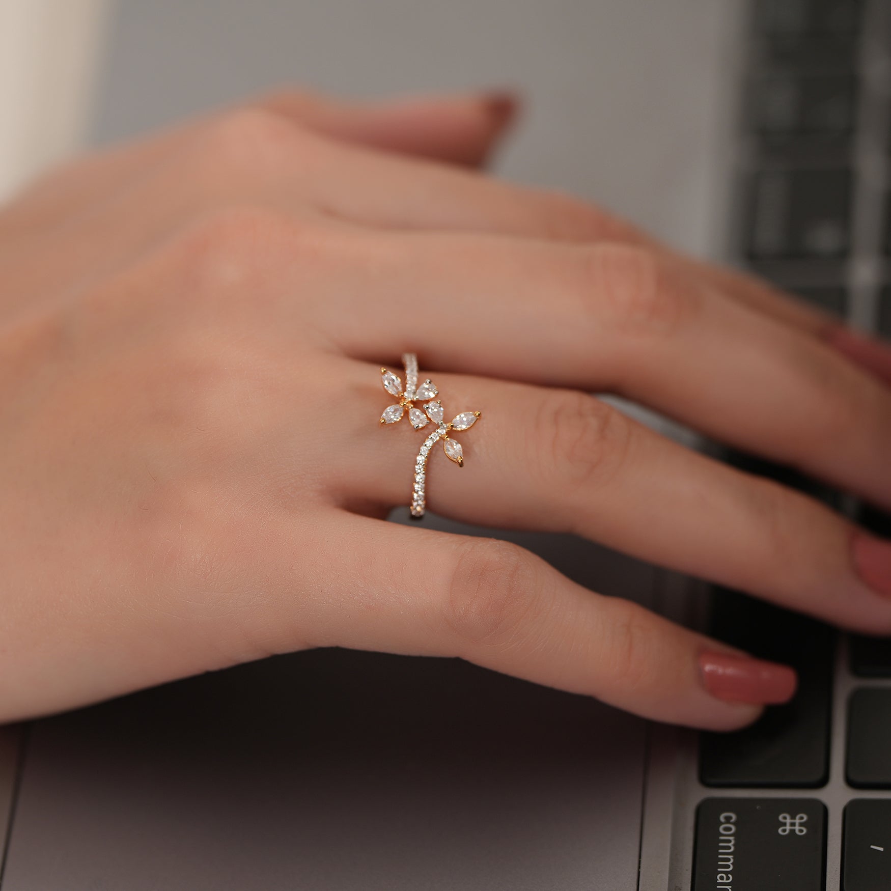 Delicate floral diamond adjustable finger ring