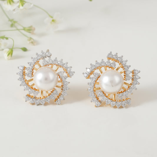 Beautiful floral pearl cz diamond stud earring