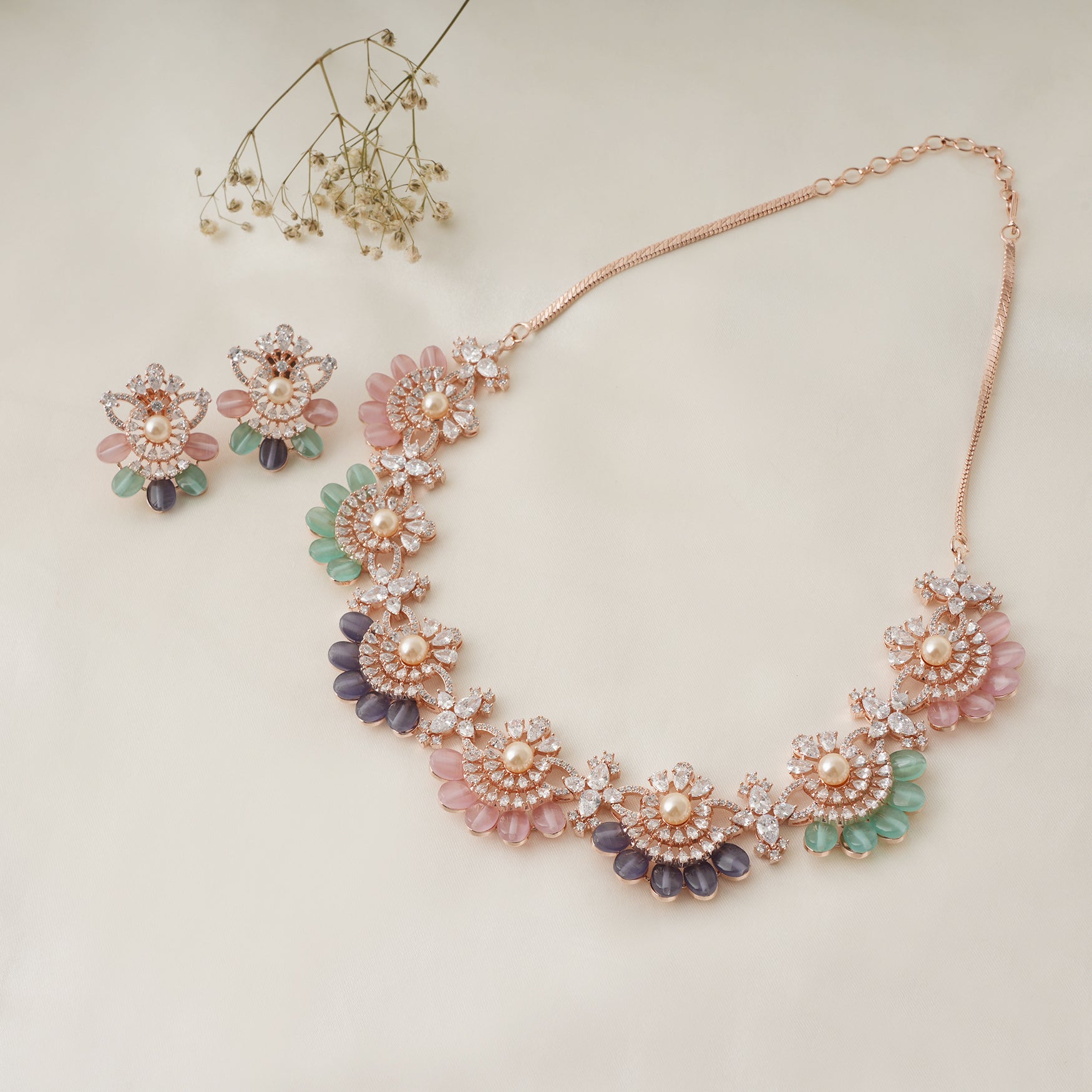 Amazing stone beaded pastel necklace set with earring