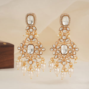 Long gold plated kundan pearl drop earring