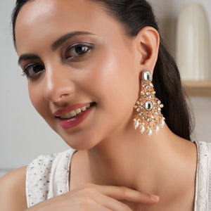 Long gold plated kundan pearl drop earring