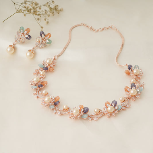 Stunning rose gold plated stone beaded necklace set with earring