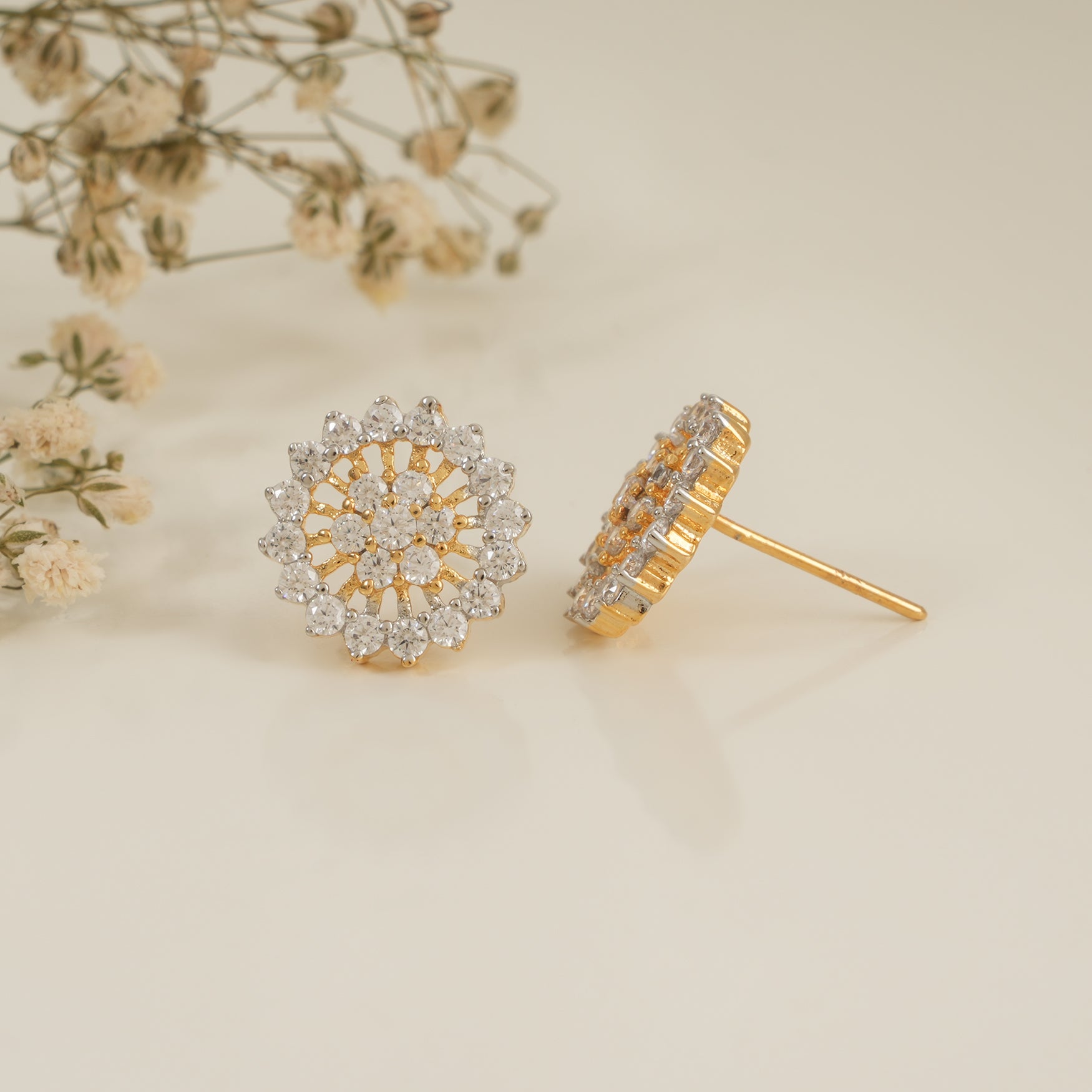 Cute gold floral cz diamond stud for women