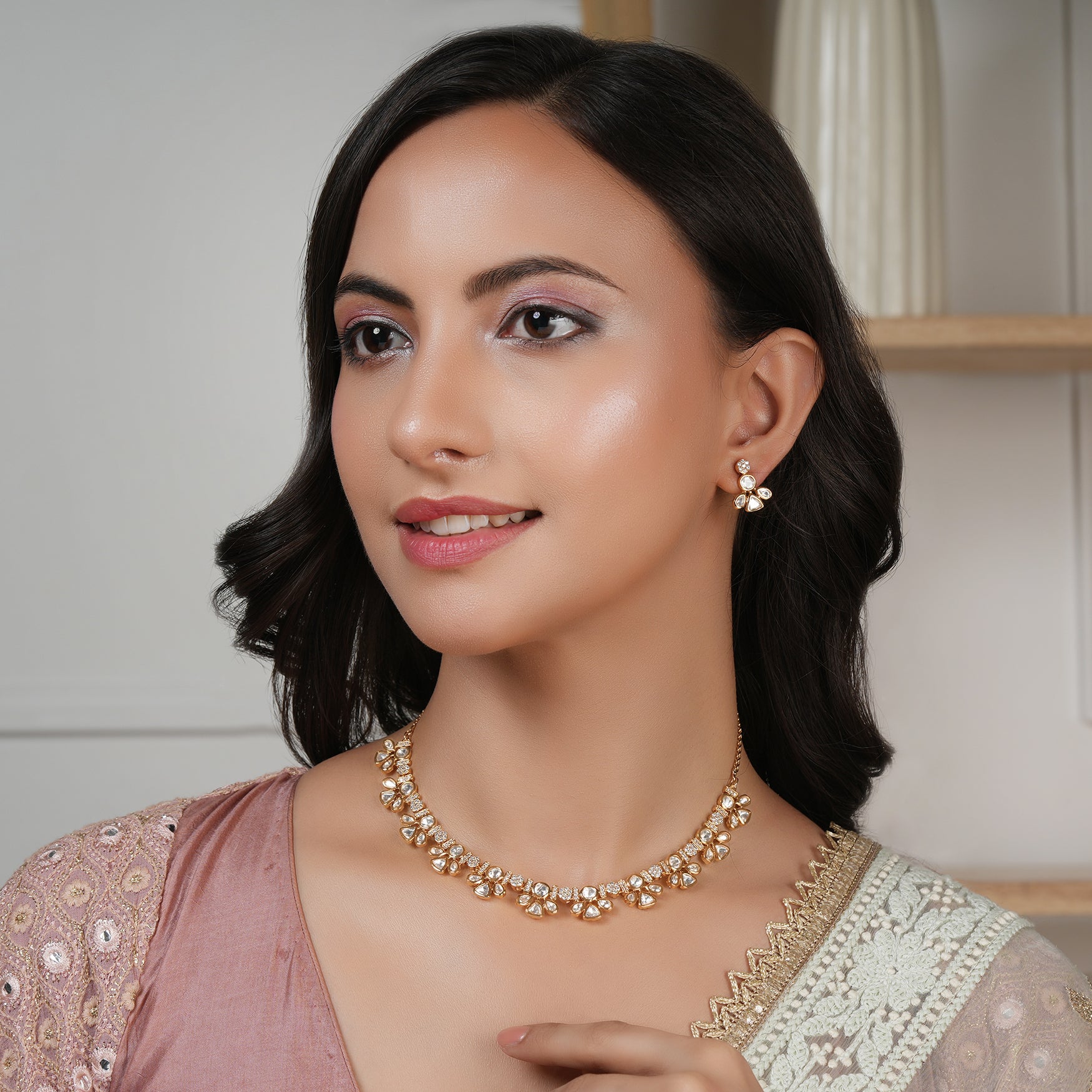 Cute gold plated kundan necklace set with stud earring