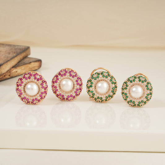 Gold plated round studded stone pearl studs