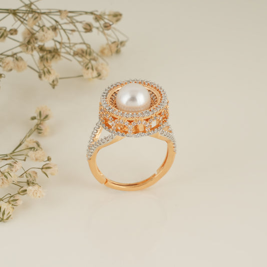 Adorable cz diamond gold plated pearl finger ring