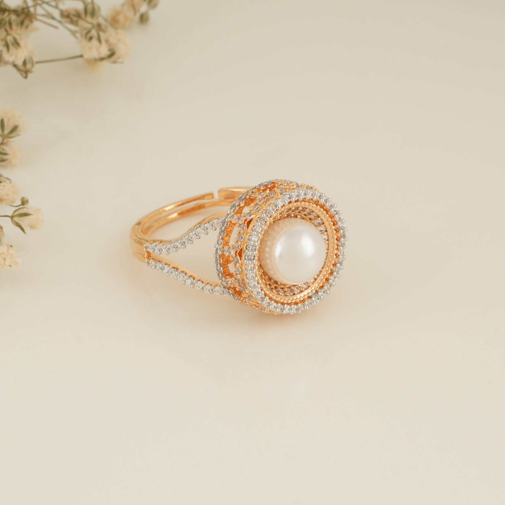 Adorable cz diamond gold plated pearl finger ring