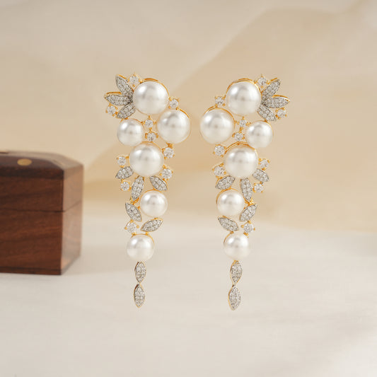 Long gold plated pearl diamond studded earring