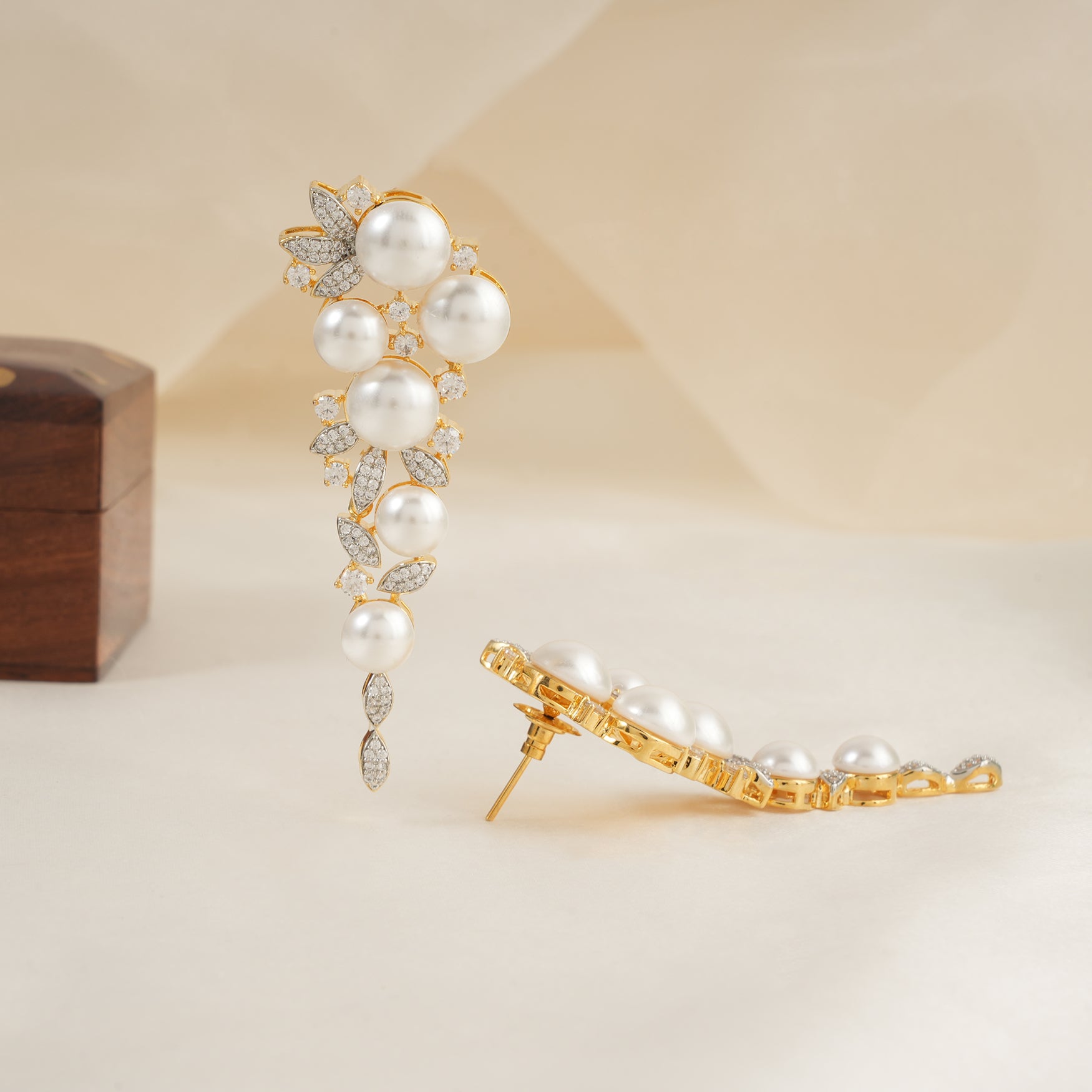 Long gold plated pearl diamond studded earring