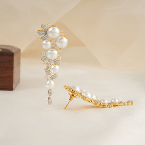 Long gold plated pearl diamond studded earring