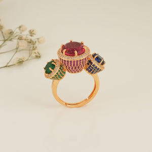 Beautiful stone studded gold plated multicolor cocktail finger ring