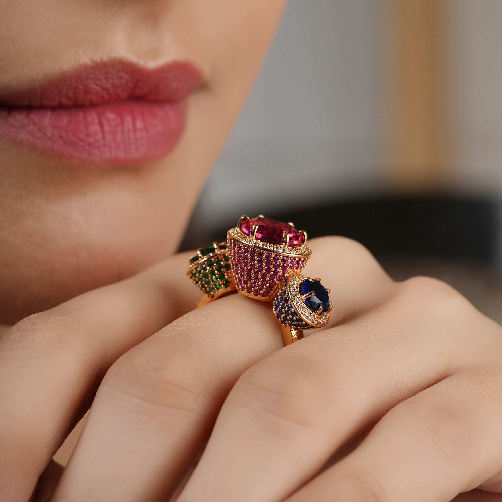 Beautiful stone studded gold plated multicolor cocktail finger ring