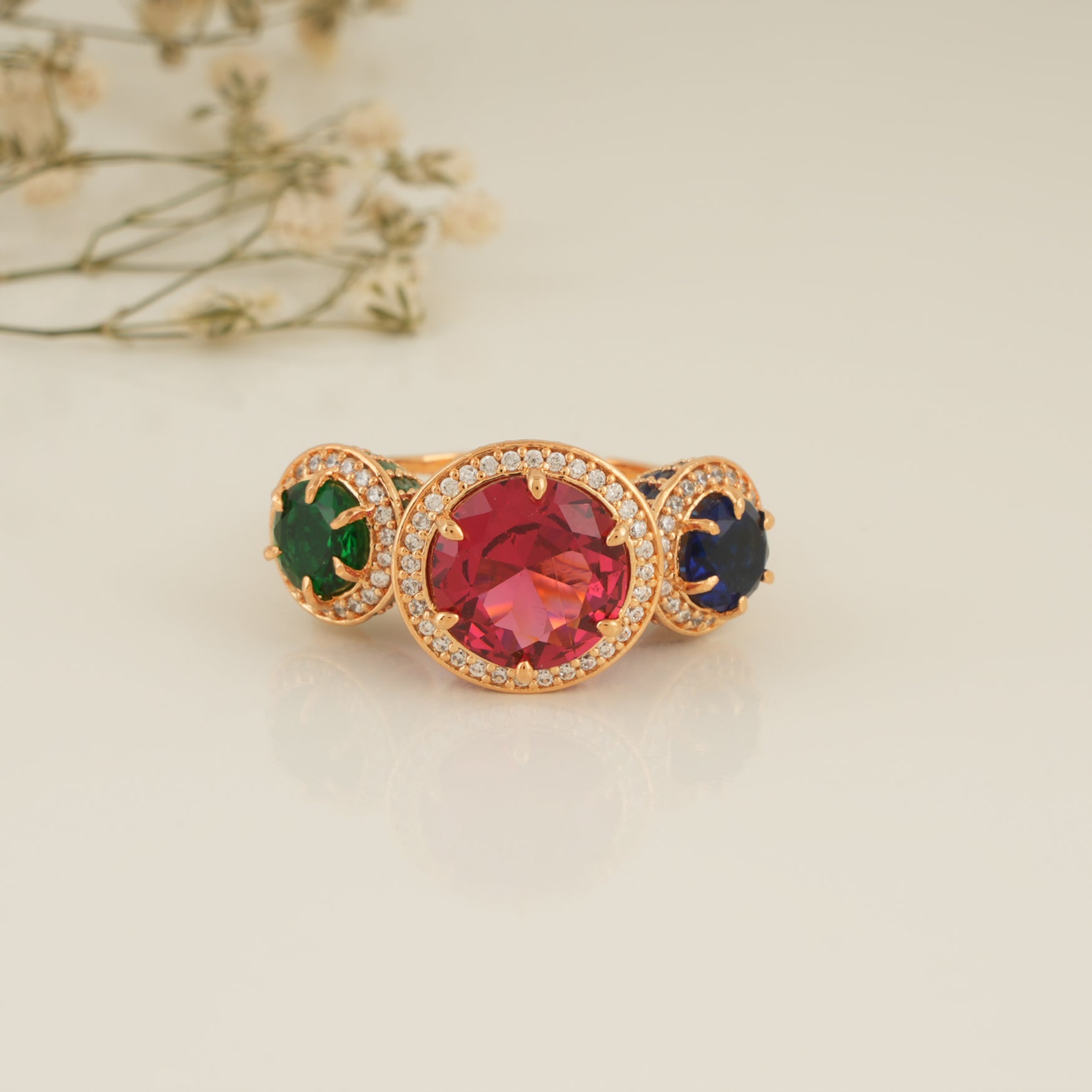 Beautiful stone studded gold plated multicolor cocktail finger ring