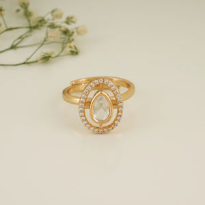 Cute gold plated pear shaped kundan adjustable finger ring