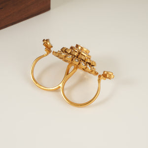 Stunning gold plated peacock inspired Kundan two finger ring