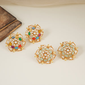 Stunning gold plated stone kundan spiral floral stud earring