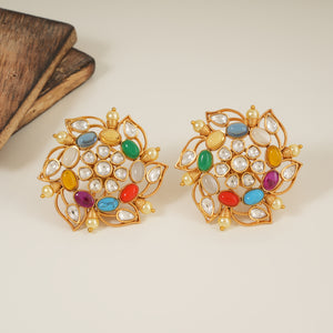 Stunning gold plated stone kundan spiral floral stud earring