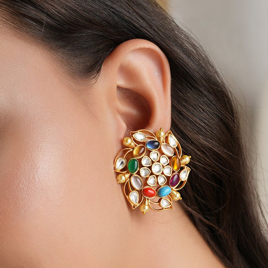 Stunning gold plated stone kundan spiral floral stud earring