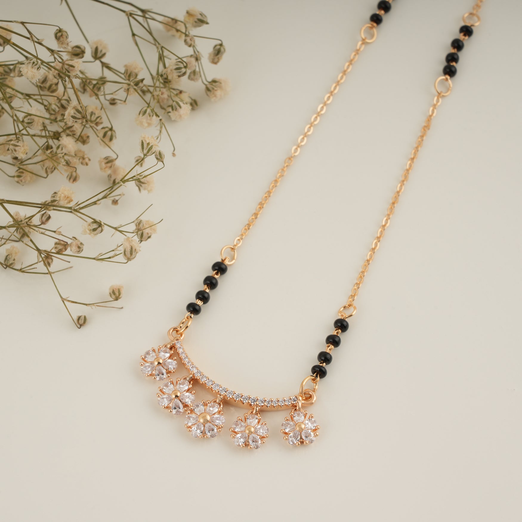 Cute floral cz diamond black bead mangalsutra