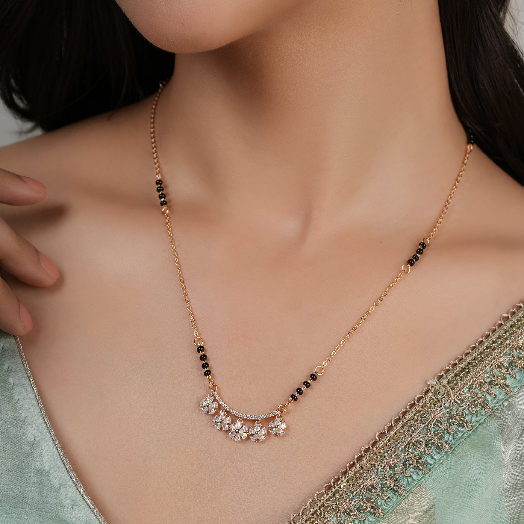 Cute floral cz diamond black bead mangalsutra