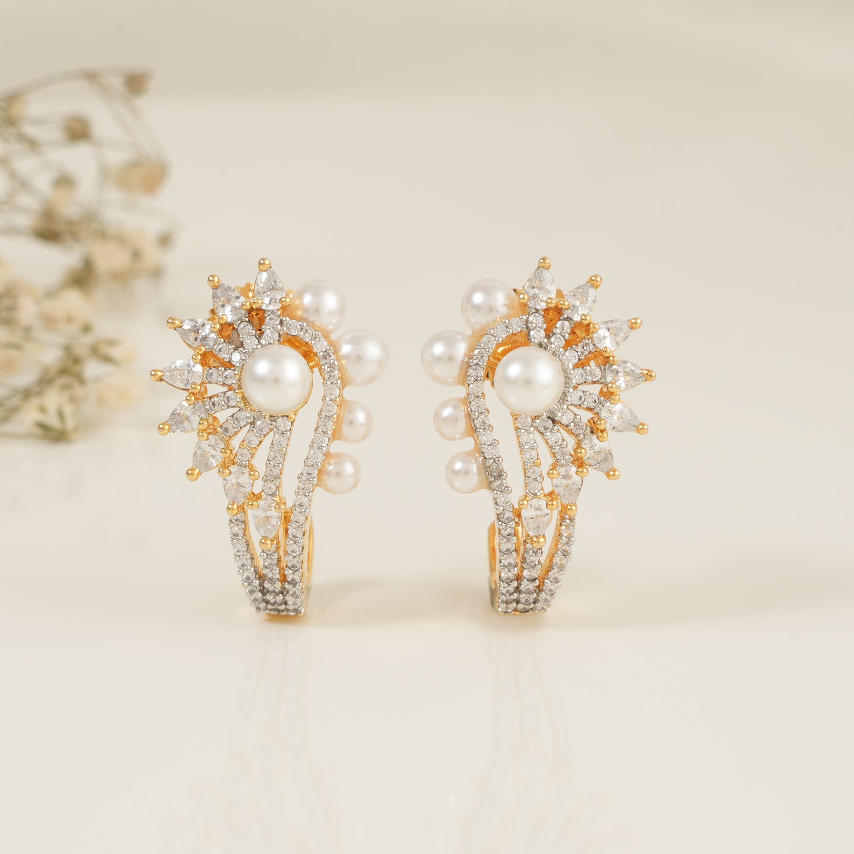 Cute pearl cz diamond gold plated stud earring