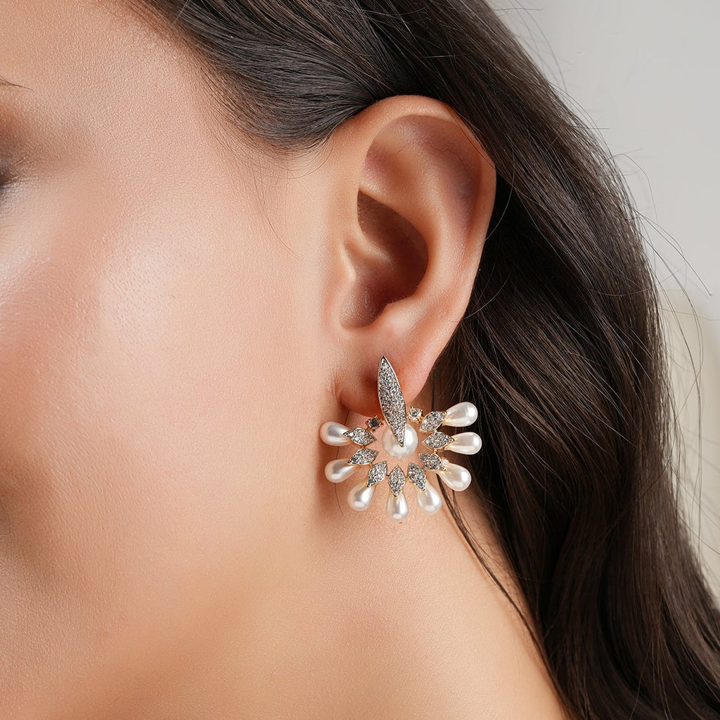Beautiful pearl drop gold plated cz diamond stud earring