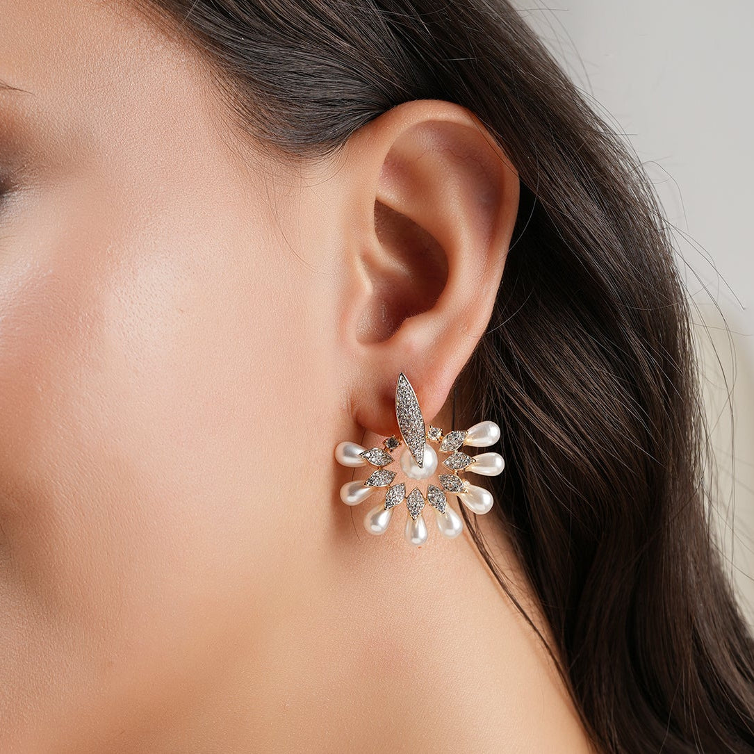 Beautiful pearl drop gold plated cz diamond stud earring