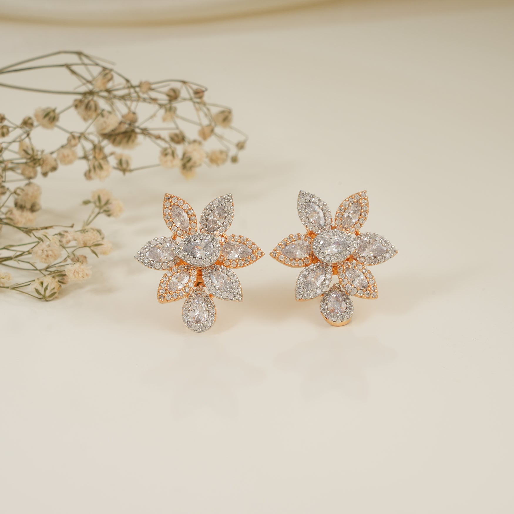 Gorgeous gold plated cz diamond floral stud earring