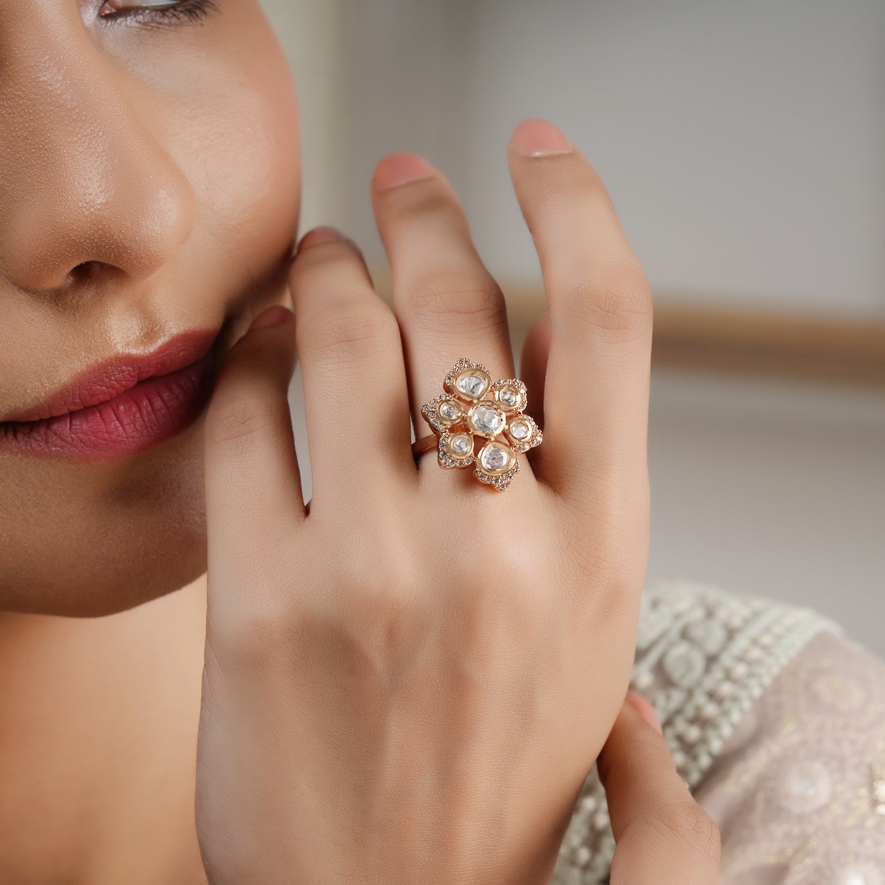 Cute gold plated kundan floral finger ring for women